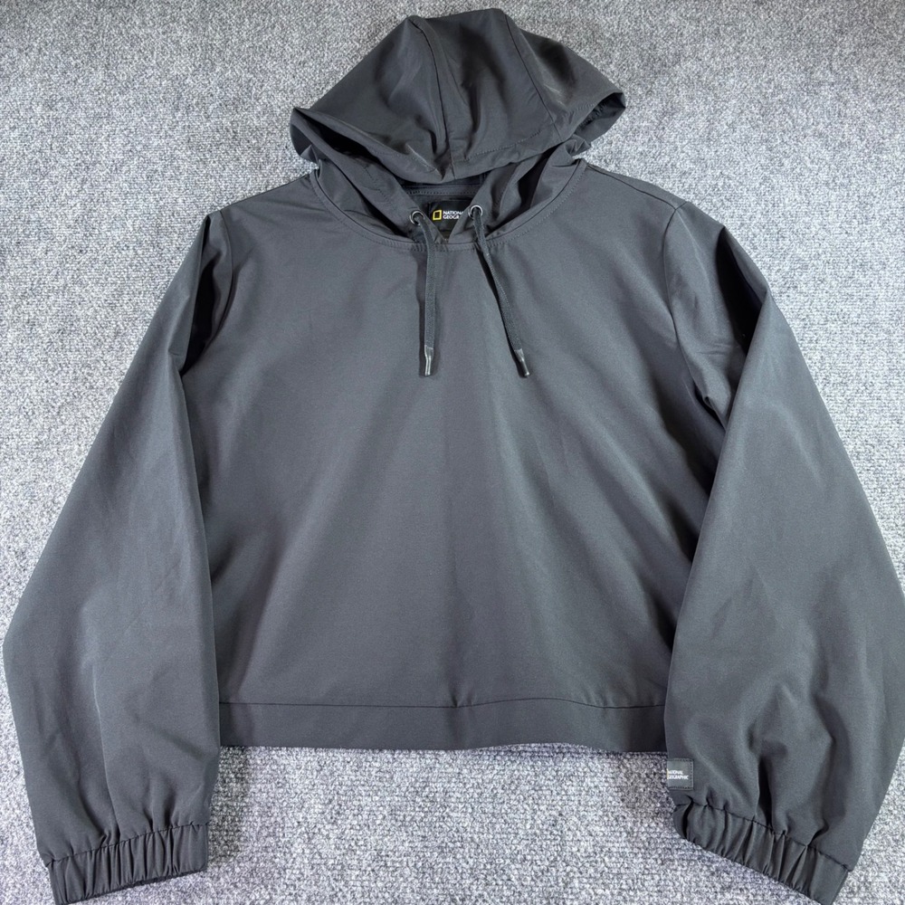 National Geographic Hoodie Windbreaker Womens L Black Cropped Recycled Outdoor